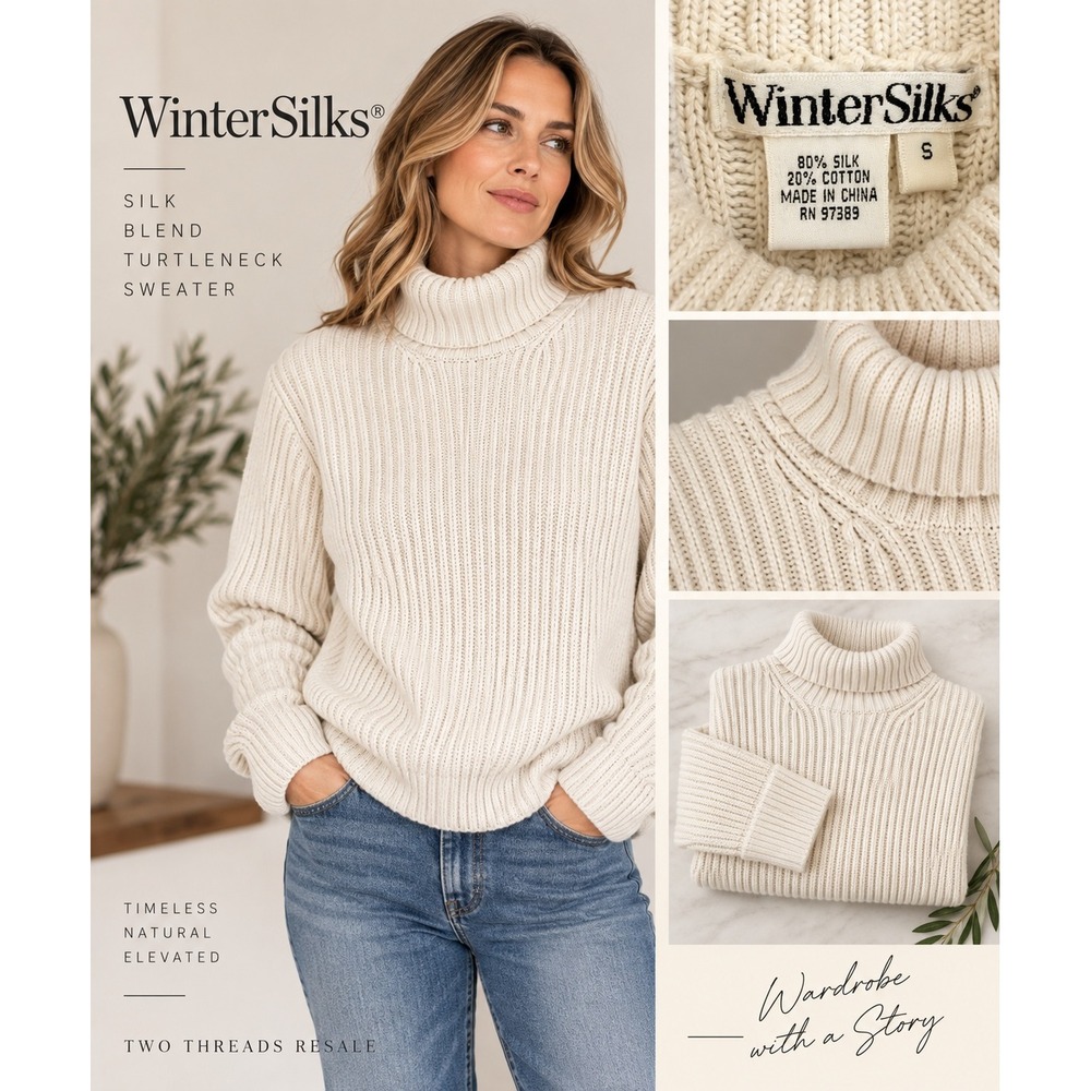 WinterSilks Silk Cotton Ribbed Turtleneck Sweater Cream Small Layering Fall